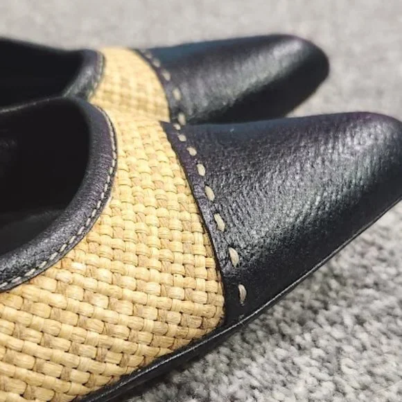 SOLD Prada Black Leather Raffia Cap Toe Pump Heels Sz 39 - Picture 10 of 15